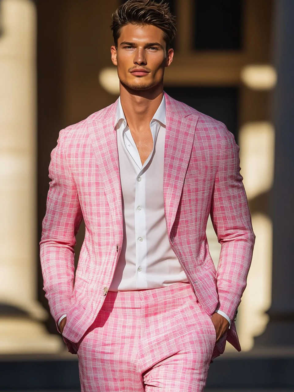 Esmoquin de cuadros rosas de v - Men Formal Wear Pink reseña y precio